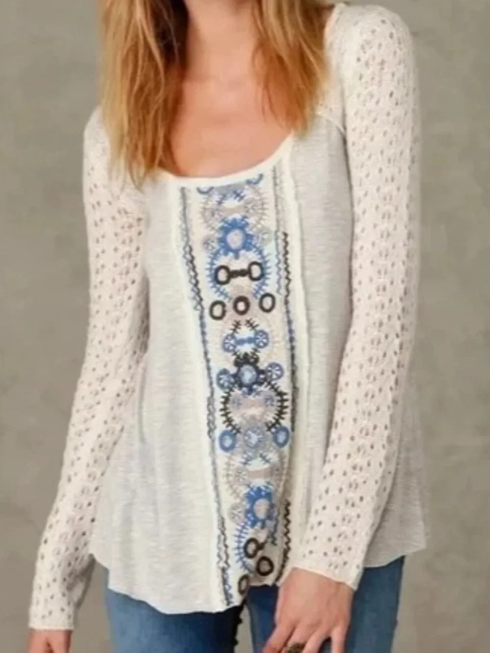 Free People Crochet Embroidered Long Sleeve Tunic Top XS